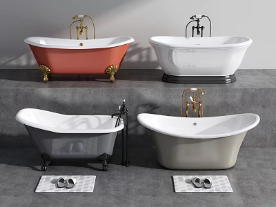 Freestanding Bathtubs in Various Colors with Metal Feet Faucets Bath Mats and Slippers 3d model