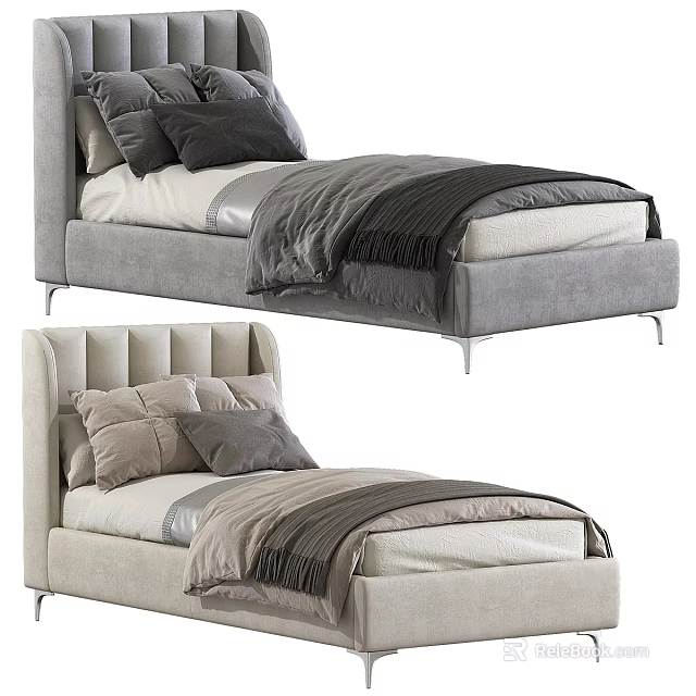 Gray and Beige Double Bed with Upholstered Headboard Soft Pillows and Cozy Blankets 3d model 