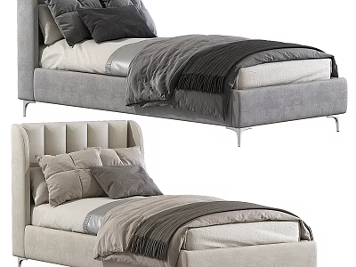 Gray and Beige Double Bed with Upholstered Headboard Soft Pillows and Cozy Blankets 3d model