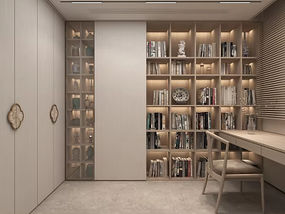Modern Study Room Interior With Illuminated Bookshelves Books Decorative Items And Wooden Desk Chair 3d model