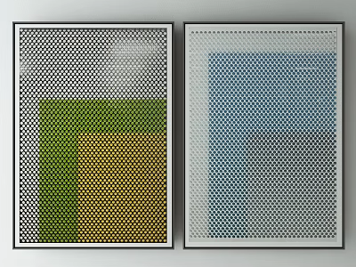 Two Framed Modern Artworks Featuring Geometric Grid Design And Colorful Patterns 3d model