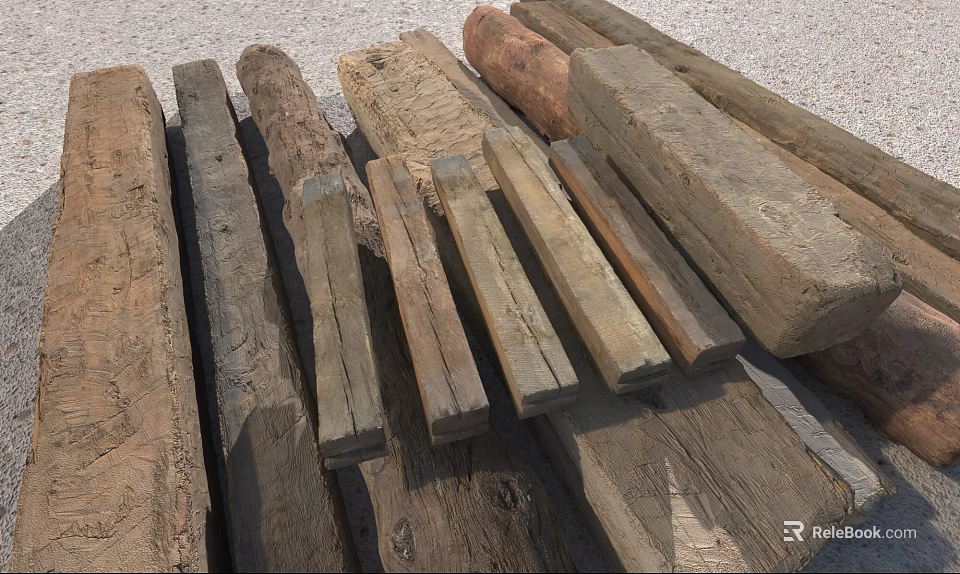 Rough Stone And Solid Wooden Logs For Construction And Decorative Projects 3d model
