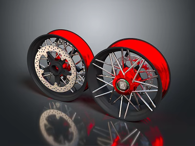 Black Tires With Red Rims Metallic Spokes And Brake Rotors Showing Reflective Surface 3d model