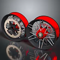 Black Tires With Red Rims Metallic Spokes And Brake Rotors Showing Reflective Surface