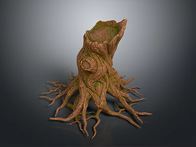 Natural Wooden Tree Stump Decorative Piece with Intricate Roots and Mossy Surface 3d model