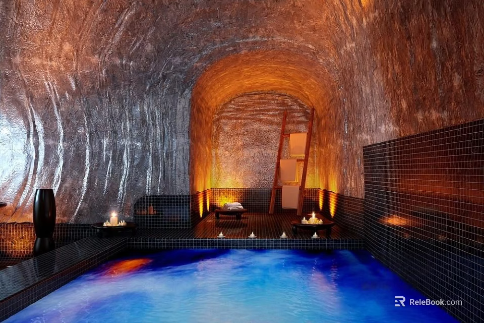 Cave Style Swimming Pool with Blue Water Rock Walls Warm Lighting and Wooden Ladder 3d model 