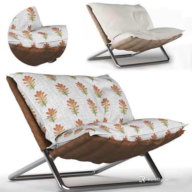 Modern Lounge Chair With Leaf Patterned Fabric Cushions And Metal Frame 3d model