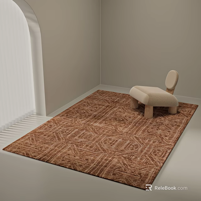 Square Brown Rug With Geometric Pattern In Minimalist Room And Beige Accent Chair 3d model 