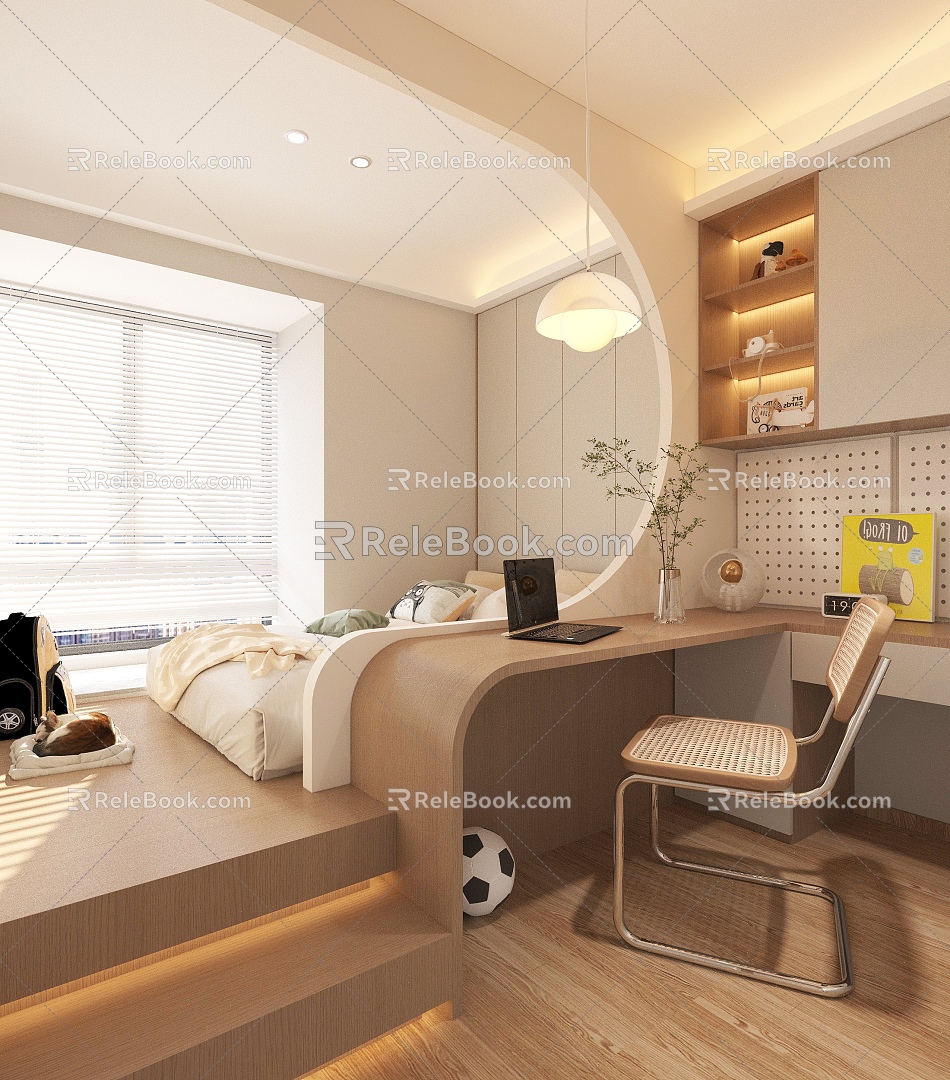 Bedroom Tatami Study Table and Chair Interior Decoration Children's Room 3d model