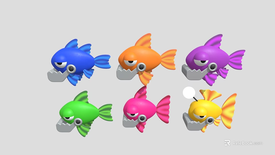 Six Colorful Cartoon Fish Toys With Big Mouths And Bright Eyes 3d model 