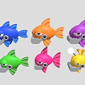 Six Colorful Cartoon Fish Toys With Big Mouths And Bright Eyes