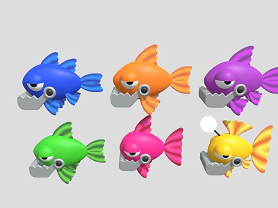 Six Colorful Cartoon Fish Toys With Big Mouths And Bright Eyes 3d model
