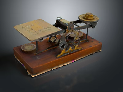 Vintage Balance Scale With Wooden Base Metal Frame Scale Plate And Weights 3d model