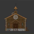 Wooden Church Building With Cross On Bell Tower Clock Stone Base Steps And Sloped Roof