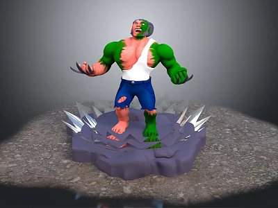 Green Muscular Creature with Ripped Shorts Standing on Broken Spiked Ground 3d model