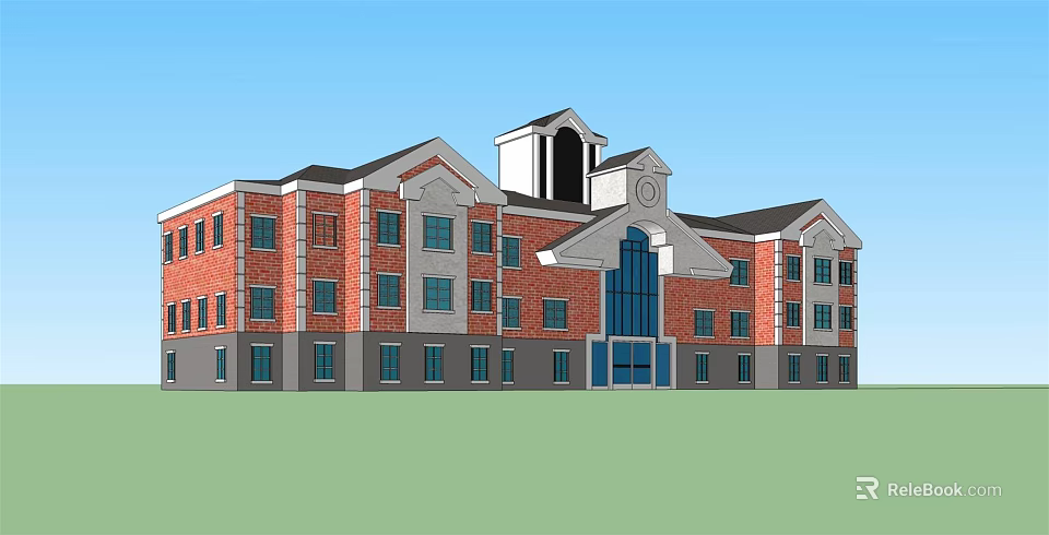 Red Brick Multi Story Office Building With Tower Structure And Arched Entrance 3d model 