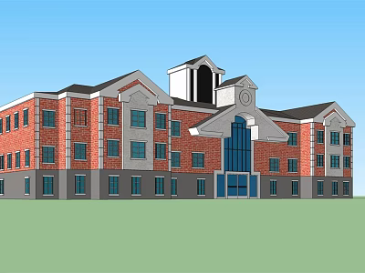 Red Brick Multi Story Office Building With Tower Structure And Arched Entrance 3d model