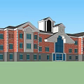 Red Brick Multi Story Office Building With Tower Structure And Arched Entrance