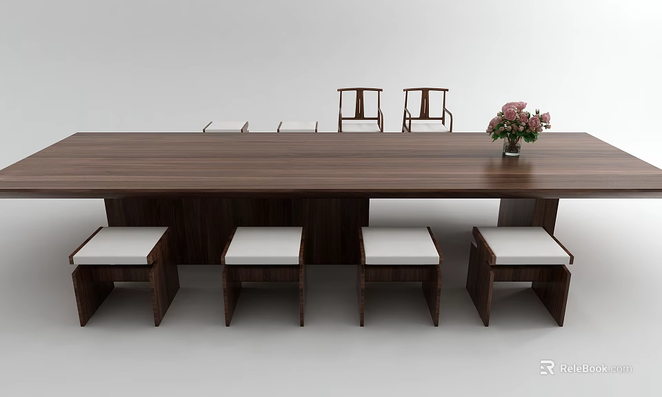 Modern Long Wooden Tea Table With White Cushioned Stools And Pink Flower Arrangement 3d model 