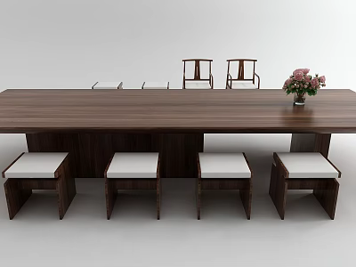 Modern Long Wooden Tea Table With White Cushioned Stools And Pink Flower Arrangement 3d model