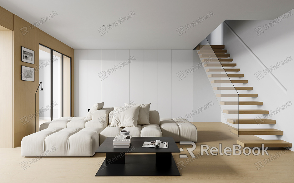 Modern Guest Restaurant Minimalist Home Guest Restaurant Apartment Sofa Coffee Table Dining Table and Chair Combination Cantilever Arm Stair Glass Special-Shaped Sofa TV Sofa Background Shape Wall model