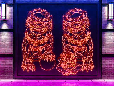 Lion Shaped Neon Decorative Lights on Brick Wall with Wall Mounted Lamps Glowing at Night 3d model