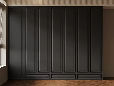 Modern Black Wardrobe With Vertical Panel Design And Wooden Floor Interior 3d model