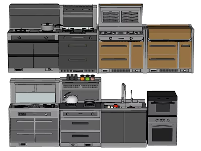 Modern Kitchen Setup Featuring Various Appliances Stove Oven Sink And Cabinets 3d model