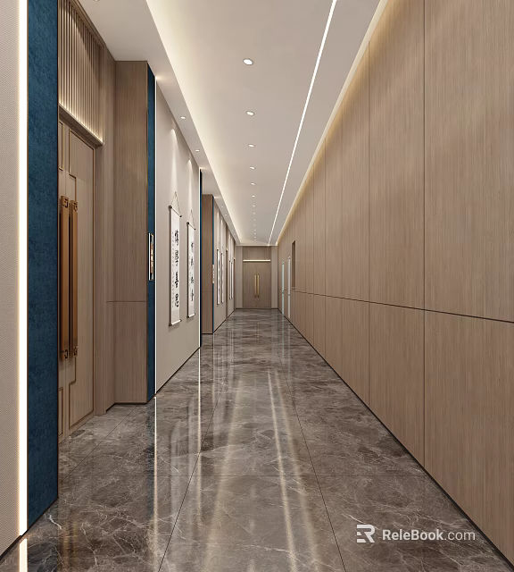 Modern Elevator Hallway Design With Wooden Walls Marble Flooring And Recessed Lighting 3d model 