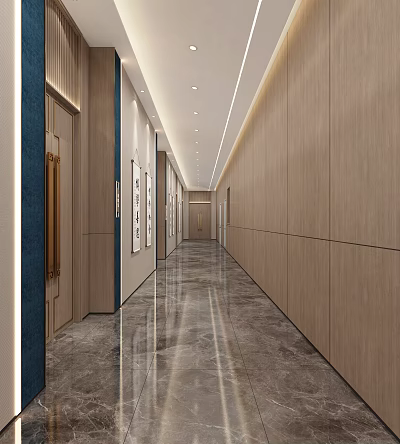 Modern Elevator Hallway Design With Wooden Walls Marble Flooring And Recessed Lighting 3d model