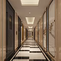 Modern Luxurious KTV Corridor With Black Walls Colorful LED Screens And Marble Patterned Flooring