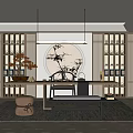 Traditional Chinese Tea Room Interior With Wooden Tea Table Sets Round Art And Shelves
