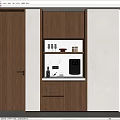 Modern Wooden Sideboard with Open Shelves Countertop Glassware Coffee Machine Wine Glasses and Lighting