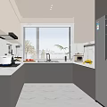 Modern Kitchen With White Upper Cabinets Black Lower Cabinets Marble Floor Sink And Appliances