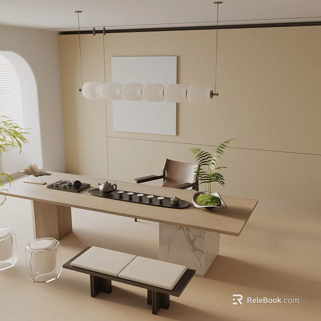 Modern Dining Table Set With Chair Pendant Light Green Plant And Tea Set 3d model