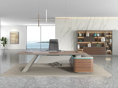 Modern Office Desk And Chair Set With Bookshelf Marble Wall And Sea View 3d model
