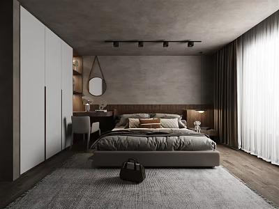 Minimalist Bedroom Interior With Large Bed Wardrobe Rug Round Mirror Table Lamp And Dark Curtains 3d model