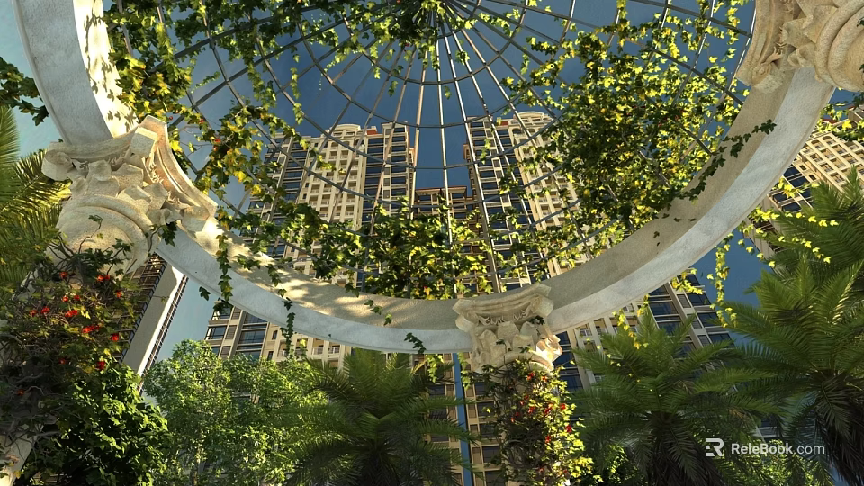 Lush Garden Landscape With Glass Dome Vines High Rise Buildings And Palm Trees 3d model 