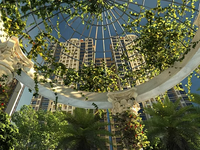 Lush Garden Landscape With Glass Dome Vines High Rise Buildings And Palm Trees 3d model