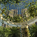 Lush Garden Landscape With Glass Dome Vines High Rise Buildings And Palm Trees