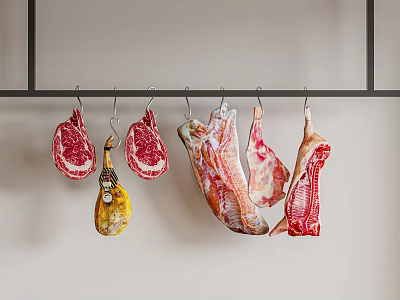 Fresh Raw Meat Cuts Hanging On Black Metal Rack Against Light Wall 3d model