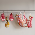 Fresh Raw Meat Cuts Hanging On Black Metal Rack Against Light Wall