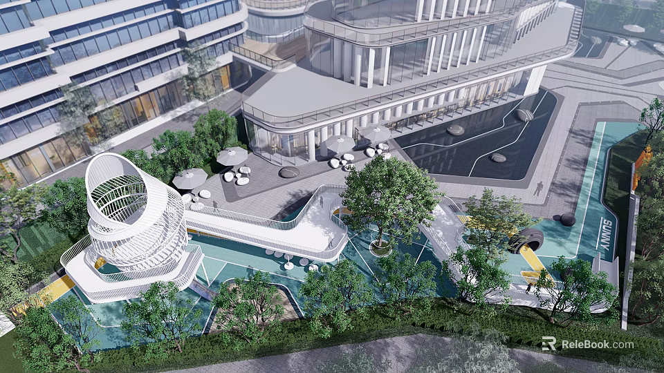 Modern Garden Ornaments in Courtyard with Water Pool Seating Trees and Decorative Structure 3d model 