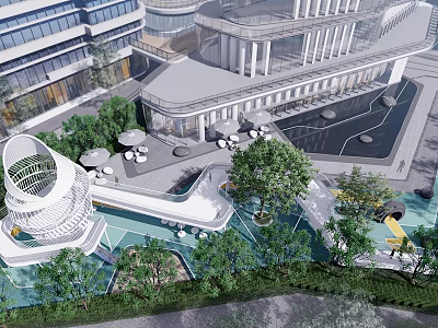 Modern Garden Ornaments in Courtyard with Water Pool Seating Trees and Decorative Structure 3d model
