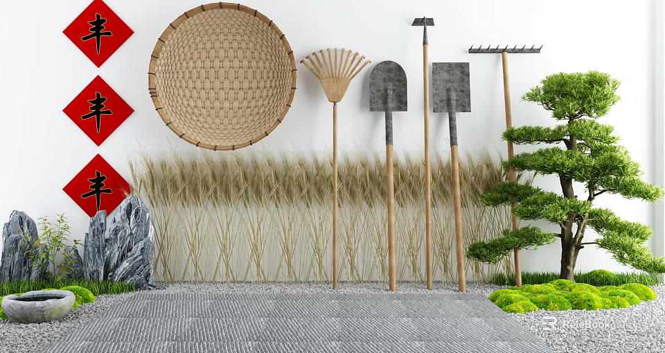 Traditional Courtyard Garden Featuring Wicker Basket Fan Garden Tools Wheat Grass And Mini Pine Tree 3d model 