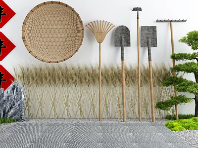 Traditional Courtyard Garden Featuring Wicker Basket Fan Garden Tools Wheat Grass And Mini Pine Tree 3d model