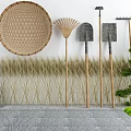 Traditional Courtyard Garden Featuring Wicker Basket Fan Garden Tools Wheat Grass And Mini Pine Tree