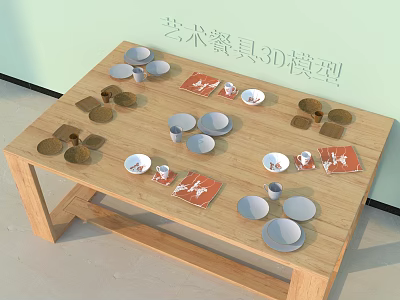 Artistic Tableware Set 3D Model Display on Wooden Table with Plates and Cups 3d model