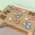 Artistic Tableware Set 3D Model Display on Wooden Table with Plates and Cups