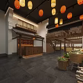 Traditional Chinese Restaurant Interior Design With Hanging Lanterns Decorative Tree Open Counter And Fruit Displays